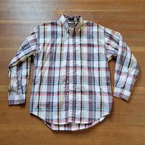 Vtg 90s Eddie Bauer Marin Poplin Colorblock Plaid Button Up Casual Shirt Medium